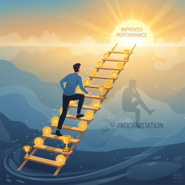 تصویری نمادین از انگیزش و خودکنترلی، با فردی که از نردبان ترکیبی از پاداش‌ها و انگیزه‌ها بالا می‌رود و بر تعویق‌اندازی غلبه می‌کند.