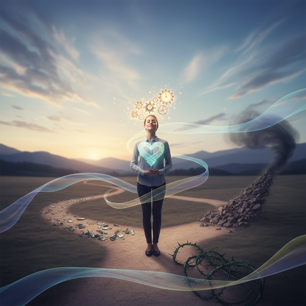 تصویری از فردی در تقاطع مسیرهای مختلف زندگی، نماد چالش‌های روزمره، با حالتی آرام و متعادل که توانمندی‌های شناختی و عاطفی را در مواجهه با ناملایمات نشان می‌دهد.