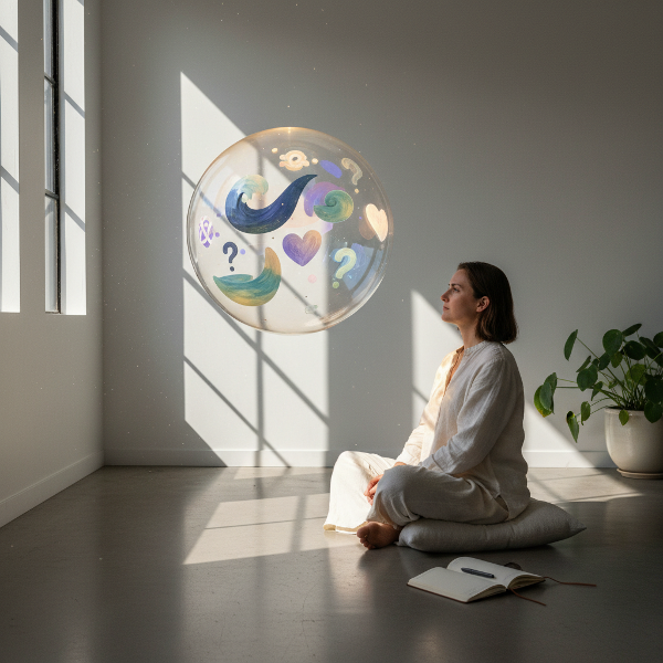 تصویری آرام و درون‌گرایانه از یک فرد در حال تأمل، با نمادهای انتزاعی از افکار و احساسات در فضایی نرم و روشن، که فرآیند خودشناسی و رشد شخصی را نشان می‌دهد.