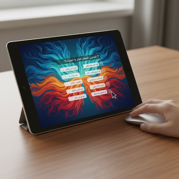 تصویر یک آزمون آنلاین تعاملی با 15 سوال و گزینه‌های رنگی، نشان‌دهنده‌ی کشف نگرش‌های اجتماعی و خودآگاهی.