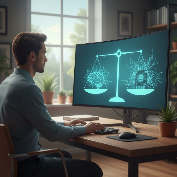 تصویر فردی را نشان می‌دهد که در مقابل صفحه‌نمایش دیجیتال نشسته است، با نمادهایی از تعادل بین فناوری و سلامت روان، مانند ترازو و مغز متصل، در محیطی آرام و روشن.