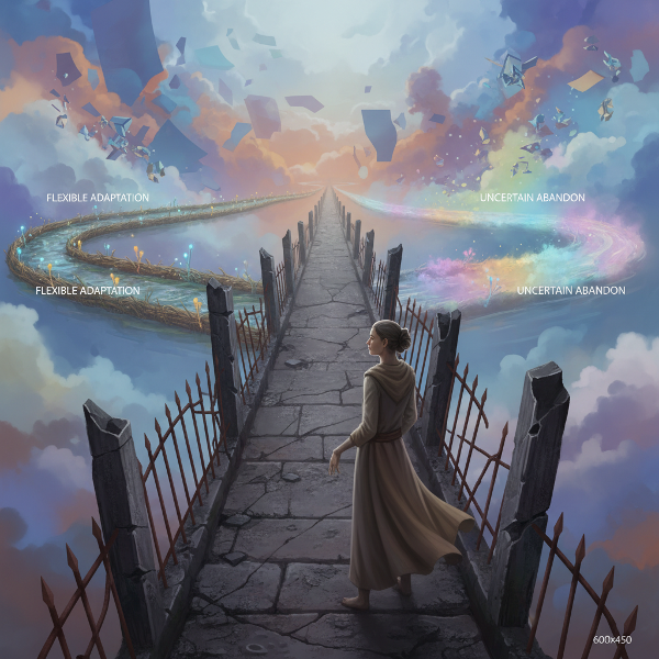 تصویر یک شخص در تقاطع چند مسیر متفاوت که سبک‌های مختلف واکنش به تغییرات غیرمنتظره را نشان می‌دهد: مسیر انعطاف‌پذیر و پیچ‌درپیچ، مسیر کنترل‌گر و مستقیم، و مسیر مبهم و محو. پس‌زمینه‌ای پویا و انتزاعی از تغییر و عدم قطعیت.