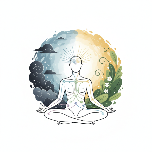 تصویری نمادین که ارتباط بین استرس روانی و واکنش‌های جسمانی را با خطوط انرژی و تبدیل نمادهای آشفتگی به آرامش نشان می‌دهد.