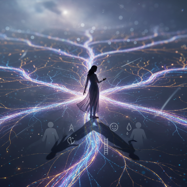 تصویری از فردی در تقاطع مسیرهای نورانی عصبی، با سایه‌های ظریف تجربیات گذشته که بر انتخاب‌هایش تأثیر می‌گذارند، نماد کشف خود و بینش رفتاری.