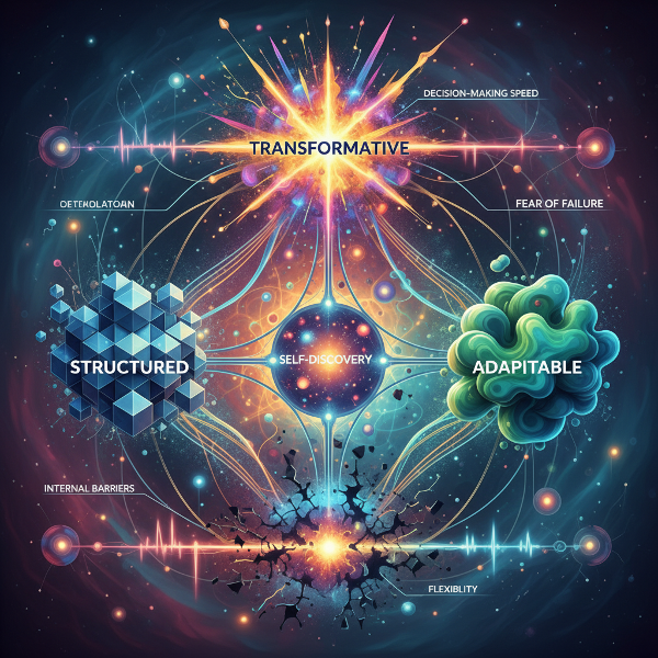 یک تصویر انتزاعی از نقشه‌برداری ذهن با مسیرهای نورانی و الگوهای هندسی و سیال که سبک‌های تفکر ساختاری، انطباقی و دگرگون‌ساز را نشان می‌دهد.