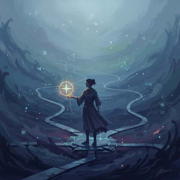 تصویری از یک فرد در یک چهارراه مه‌آلود و انتزاعی، با چندین مسیر که در مه محو می‌شوند. او یک قطب‌نمای درخشان در دست دارد که نماد تصمیم‌گیری در شرایط ابهام است.