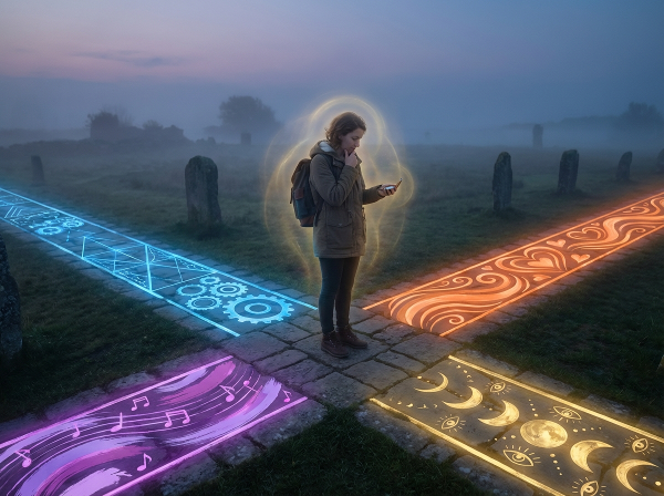 تصویری نمادین از یک فرد در تقاطع چندین مسیر درخشان که سبک‌های مختلف فکری را نشان می‌دهند، در حال تأمل و کشف خود.