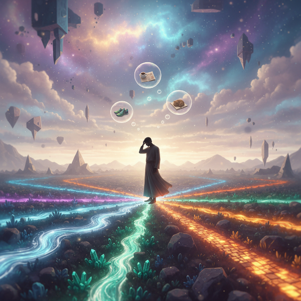 تصویری از یک فرد در تقاطع چندین مسیر درخشان در یک منظره سورئال، که هر مسیر نشان‌دهنده یک انتخاب متفاوت است. فرد در حال تفکر به نظر می‌رسد و حباب‌های فکری، تصمیمات کوچک روزمره را نشان می‌دهند. فضایی رویایی با نور ملایم.