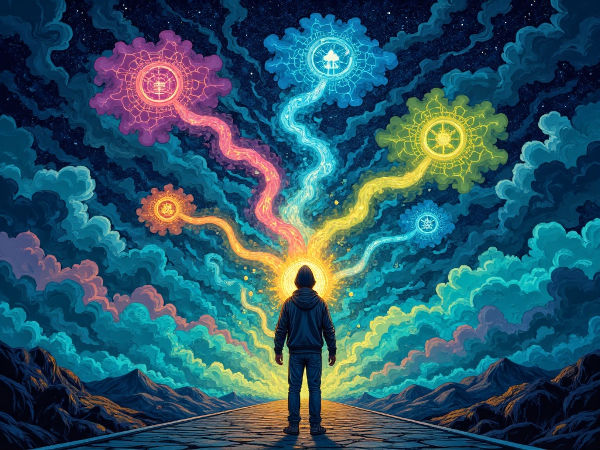 تصویری از یک فرد در تقاطع چند مسیر درخشان، نماد تصمیم‌گیری در شرایط پیچیده و استرس‌زا، با پس‌زمینه‌ای انتزاعی از نور و سایه.