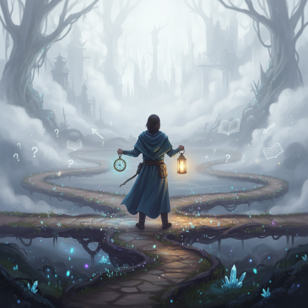 تصویری نمادین از فردی در تقاطع چند مسیر مبهم، با چراغ و قطب‌نما، نشان‌دهنده‌ی تصمیم‌گیری در شرایط عدم قطعیت.