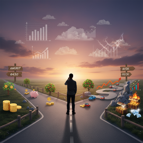 تصویری نمادین از انتخاب بین رویکردهای مالی مختلف: محافظه‌کارانه، ریسکی و متعادل در یک مسیر.