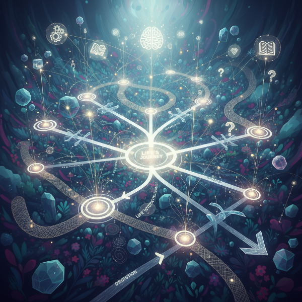 یک نقشه‌ی ذهنی نمادین با مسیر اصلی و انشعابات مختلف در یک فضای انتزاعی. خطوط نوری افکار را به مسیرها متصل می‌کنند، نماد مسیریابی روانی در پیچ‌وخم‌های زندگی.