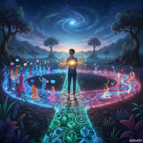 تصویری نمادین از فردی در تقاطع سه مسیر درخشان که منابع مختلف انرژی را نشان می‌دهد: تعامل اجتماعی، ساختار درونی، و جریان احساسی.