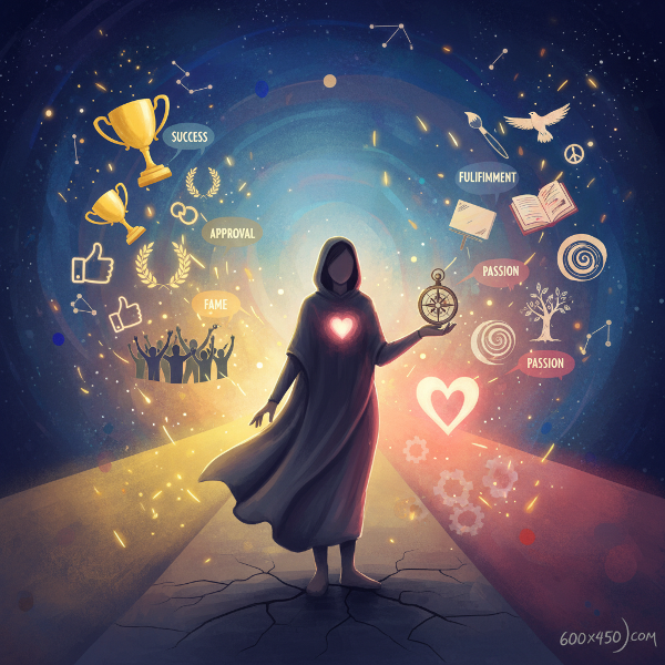 تصویر نمادین یک فرد در تقاطع دو مسیر: یکی با نشانه‌های بیرونی مانند تأیید اجتماعی و دیگری با نور درونی ارزش‌های شخصی روشن شده‌است.