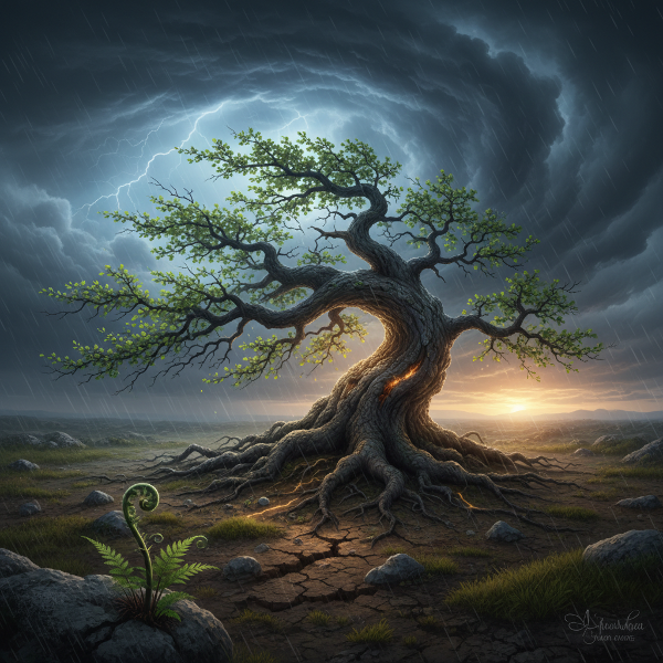تصویری نمادین از یک درخت انعطاف‌پذیر که در طوفان خم می‌شود اما نمی‌شکند، با ریشه‌هایی عمیق در زمین و برگ‌های تازه در حال رویش، نشان‌دهنده انعطاف‌پذیری روانی و رشد پس از سختی.