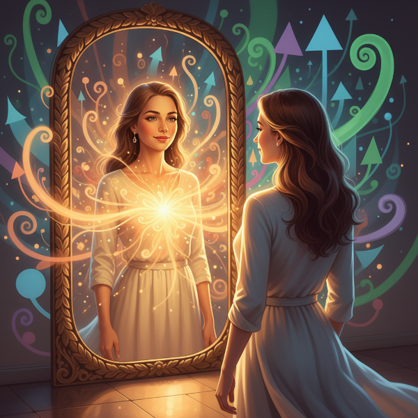 تصویری از فردی که با اعتماد به نفس به آینه نگاه می‌کند و انعکاسی درخشان و مثبت از خود را می‌بیند. نور نرم و گرمی او را احاطه کرده، نماد خودپذیری و قدرت درونی است. اشکال انتزاعی در پس‌زمینه، رشد و وضوح را نشان می‌دهند.