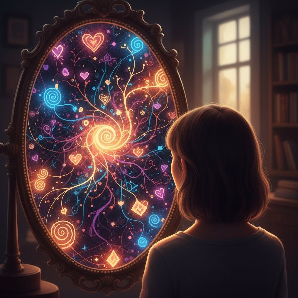 تصویری نمادین از فردی که در آینه به بازتابی انتزاعی از افکار و احساسات درونی خود مینگرد.