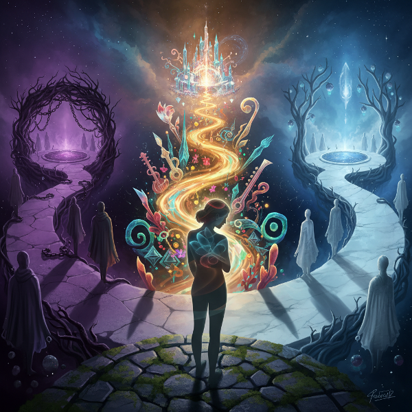 تصویری نمادین از یک فرد در تقاطع سه مسیر نوری که نقش‌های قربانی، خالق و ناظر در ادراک از خود را نشان می‌دهد. چهره‌ی فرد درون‌نگر است و لایه‌هایی شفاف از تجربیات و انگیزه‌های پنهان در پس زمینه دیده می‌شوند.