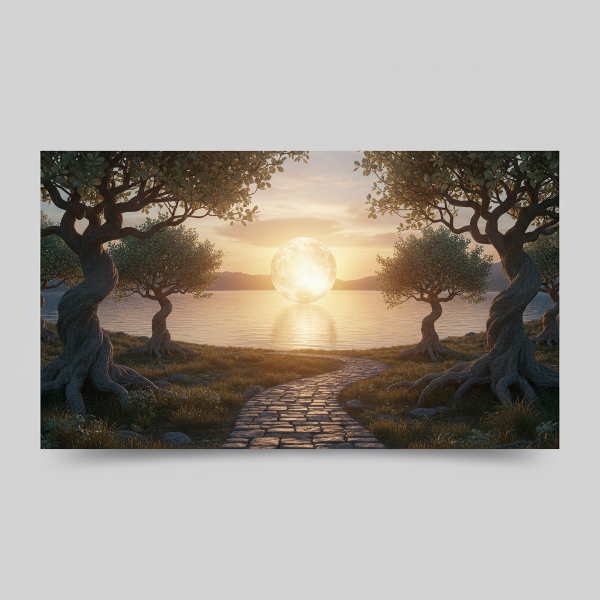 تصویری از یک کره درخشان که نماد ذهن متعادل است، بر فراز دریاچه‌ای آرام با درختان مقاوم و مسیری به سوی طلوع خورشید، نشان‌دهنده هماهنگی درونی، تاب‌آوری و رشد شخصی.