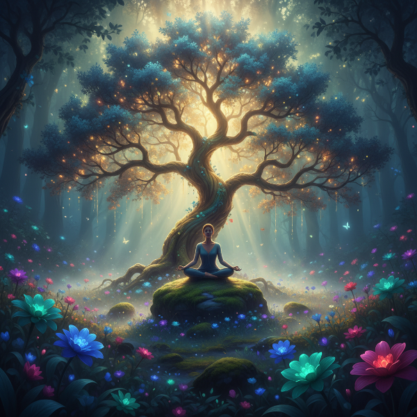 تصویری از یک جنگل آرام و روحانی با فردی در حال مراقبه زیر درختی درخشان، احاطه شده با گل‌های رنگارنگ و پرتوهای نرم نور، که ارتباط عمیق روانی و عاطفی با طبیعت را نشان می‌دهد.