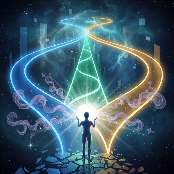 تصویری نمادین از یک فرد در تقاطع سه مسیر رنگی، در حال تصمیم‌گیری با گوی نورانی که نماد غلبه بر استرس و انتخاب هوشمندانه است.