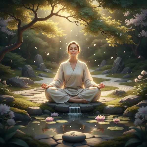 تصویری از یک فرد آرام در حال مدیتیشن در یک باغ صلح‌آمیز، با نور ملایم و طبیعت آرامش‌بخش، که مدیریت استرس و آرامش درونی را نشان می‌دهد.