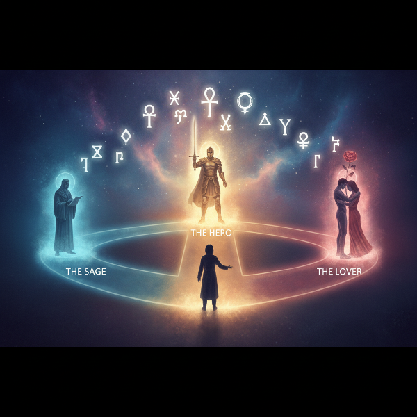 تصویری نمادین از یک فرد در تقاطع چندین مسیر درخشان که هر کدام به یک کهن‌الگوی روان‌شناختی مانند قهرمان، عارف یا عاشق منتهی می‌شود. نمادهای باستانی و نور ماورایی در فضا شناورند.
