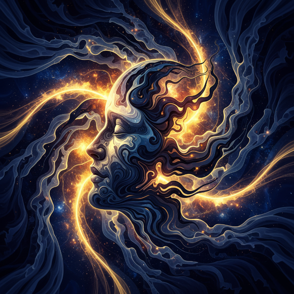 تصویری نمادین از تعامل فرآیندهای خودآگاه و ناخودآگاه ذهن، با مسیرهای نور و سایه که عادات پنهان و انتخاب‌های آگاهانه را نشان می‌دهند.