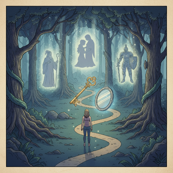 تصویری نمادین از یک جنگل رویایی که شخص در تقاطع چندین مسیر ایستاده و سایه‌های کهن‌الگوها در میان درختان قدیمی دیده می‌شوند. کلید و آینه‌ای شناور، نور فراواقعی و فضایی برای درون‌کاوی عمیق.