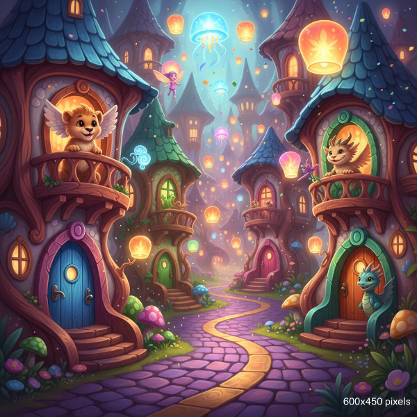 یک شهر فانتزی رنگارنگ و پر از شگفتی با موجودات خیالی دوست‌داشتنی که در کوچه‌های سنگ‌فرش شده و میان نور فانوس‌های شناور پنهان شده‌اند.