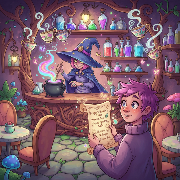 یک کافه جادویی و رویایی با فنجان‌های شناور، معجون‌های درخشان و منوی عجیب، در سبک کارتونی رنگارنگ و طنزآمیز.