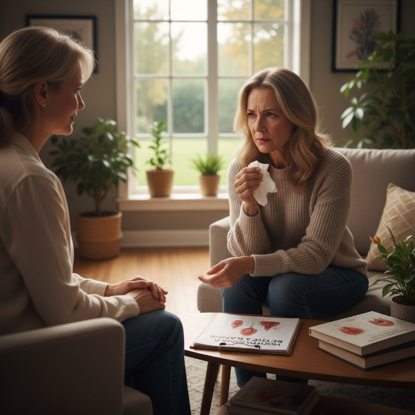 تصویری از یک زن ۴۵ ساله در حال تجربه خشم و تحریک‌پذیری در موقعیت‌های روزمره، با عناصر نمادین از تغییرات هورمونی و تکنیک‌های آرامش‌بخش مانند تنفس عمیق.