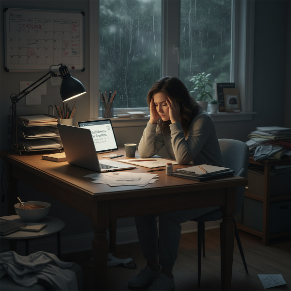 تصویری از یک زن ۴۴ ساله در محیط دورکاری که نشان‌دهنده خستگی، کاهش خلاقیت و عدم تعادل بین کار و زندگی است.