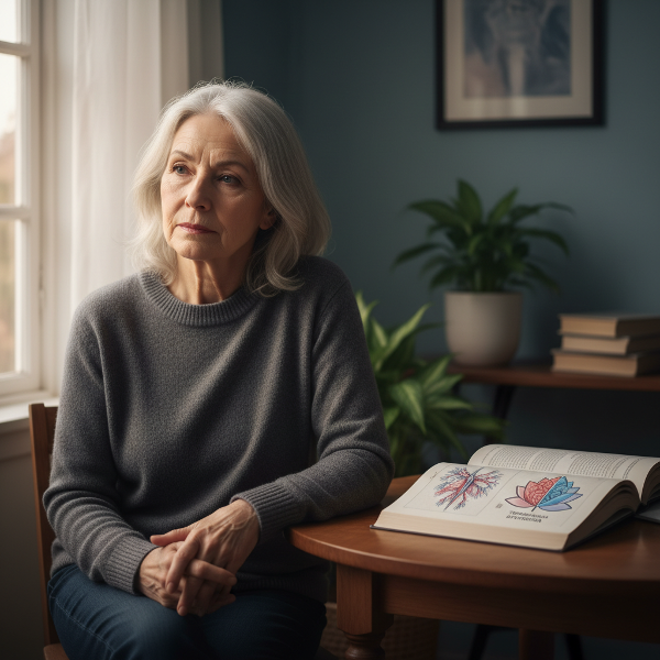 تصویر یک زن ۶۱ ساله در اتاقی آرام را نشان می‌دهد که نور ملایمی از پنجره به چهره‌اش می‌تابد. نمادهایی از وضعیت پزشکی و روانشناسی به طور ظریف در صحنه ادغام شده‌اند.