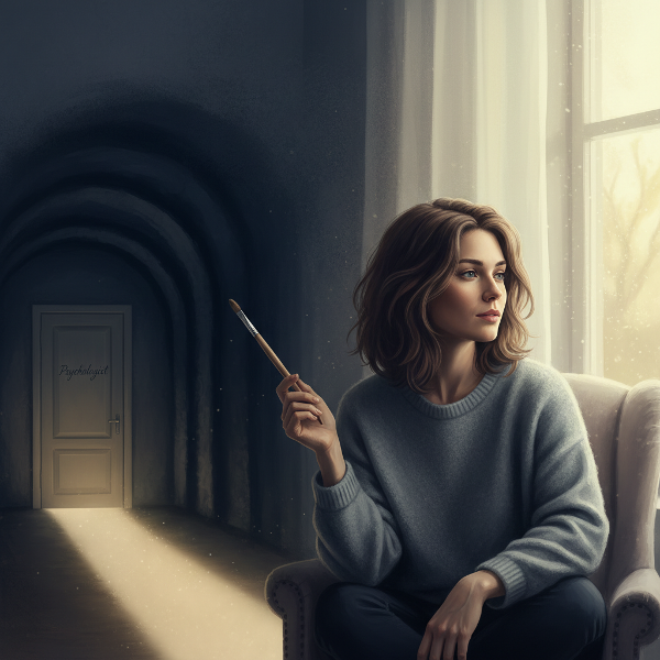 تصویر یک زن جوان را در اتاقی کم‌نور نشان می‌دهد که به پنجره نگاه می‌کند. نور بهاری از پنجره می‌تابد، اما او قلم‌مویی را بی‌حال در دست گرفته. در پس‌زمینه، تصویری از یک تونل تاریک محو می‌شود و مسیر کوچکی از نور به سمت درب روان‌شناس اشاره دارد. فضای کلی تصویر، سنگین اما با نشانه‌ای از امید است.