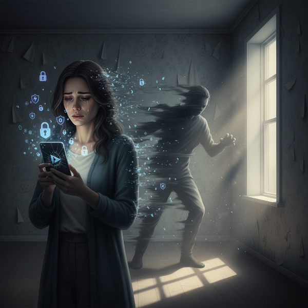 تصویری نمادین از یک زن که پس از نقض حریم خصوصی دیجیتال توسط شریک زندگی‌اش، احساس اضطراب و خیانت می‌کند. عناصر دیجیتال مانند قفل‌های شکسته و نمادهای حریم خصوصی در پس‌زمینه دیده می‌شوند.