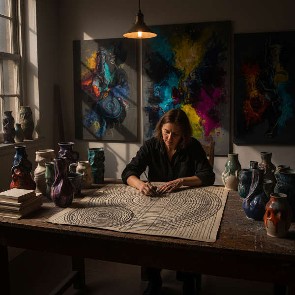 تصویر یک زن میانسال در استودیویی آرام را نشان می‌دهد که در حال کشیدن الگوهای تکراری مارپیچ و خطوط موازی روی کاغذ است، احاطه شده توسط گلدان‌های سفالی و نقاشی‌های انتزاعی که احساسات تاریک و رنگارنگ او را بازتاب می‌دهند.