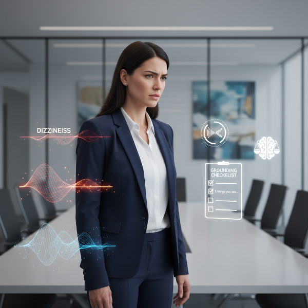 تصویری از یک زن حرفه‌ای در محیط کار که علائم فیزیکی استرس و تکنیک‌های آرامش‌بخش به طور نمادین در اطراف او به تصویر کشیده شده‌اند.