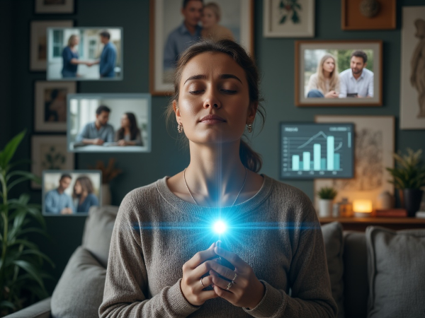 تصویر یک زن ۴۶ ساله که در محیط خانه در حال تمرین تکنیک‌های آرامش‌بخش و تجسم اهداف برای مدیریت خشم و بهبود روابط خانوادگی است.