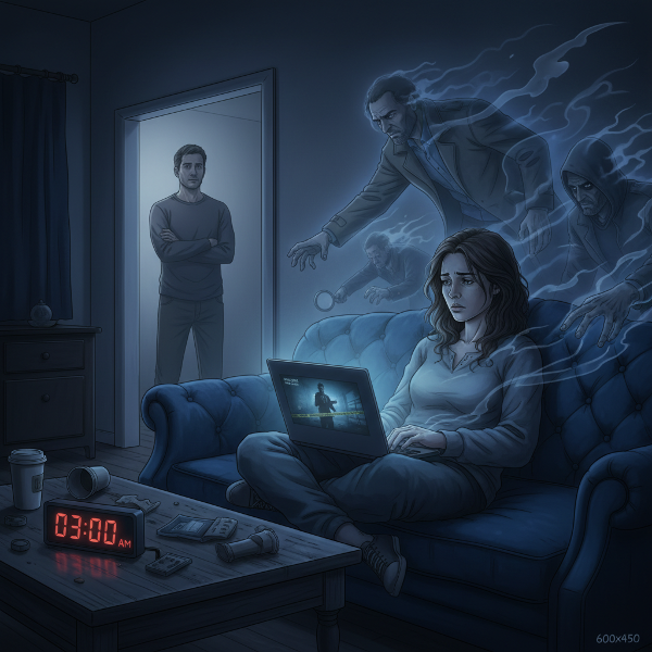 تصویر یک زن در نیمه‌شب که درگیر تماشای سریال جنایی است، با حالتی خسته و مضطرب و نشانه‌هایی از کابوس و تنش در فضای اتاق.