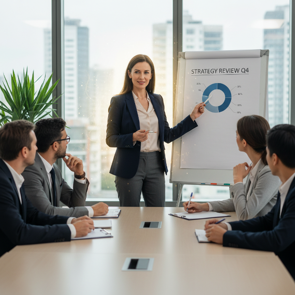 تصویر یک زن ۴۷ ساله در محیط اداری که با اعتماد به نفس در جلسه ارائه می‌دهد، با نمادهای نوری برای غلبه بر اضطراب و نقش رهبری.