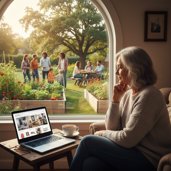 تصویری از یک زن ۶۱ ساله که در کنار پنجره نشسته و به لپ‌تاپی با سایت‌های خرید نگاه می‌کند، در حالی که بیرون یک باغ اجتماعی پر جنب‌وجوش و افراد در حال معاشرت دیده می‌شود، نماد فعالیت‌های جایگزین رضایت‌بخش.