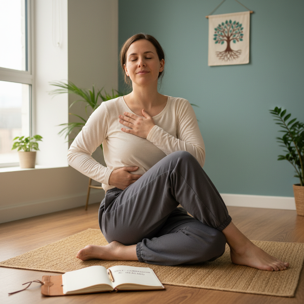تصویری از یک زن ۳۱ ساله در حال تمرین یوگای ملایم و تنفس دیافراگمی در محیطی آرام، با دفترچه‌ای برای ثبت افکار، که نشان‌دهنده تلفیق کار بر تن، تمرینات تنفسی و خودمهربانی برای کاهش علائم روانتنی و رشد عاطفی است.