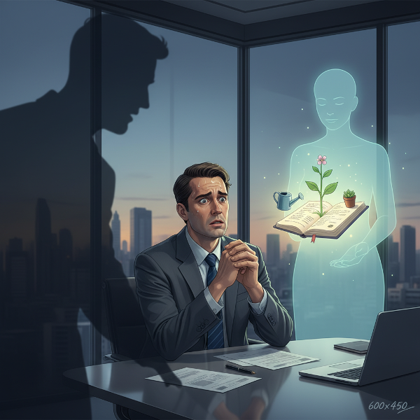 تصویری از یک مدیر مرد در محیط کار که تحت فشار رفتار همکارش است و در کنار آن، نمادهایی از راهکارهای عملی و مراقبت از خود برای بازیابی عزت نفس دیده می‌شود.