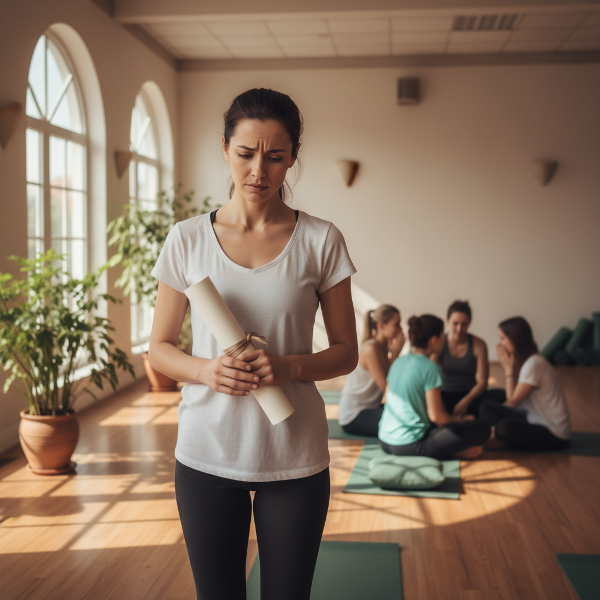 تصویری از یک مربی یوگا در استودیو که با تردید به شاگردانش نگاه می‌کند، در حالی که گواهی‌نامه‌ای در دست دارد و فضایی آرام اما پرتنش را نشان می‌دهد.