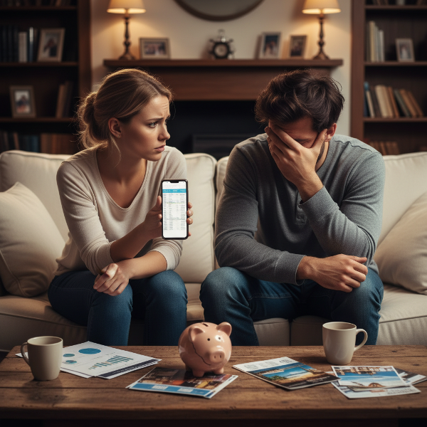 تصویری از یک زوج جوان که در حال گفتگوی حساس درباره مسائل مالی هستند. یکی با نگرانی صحبت می‌کند و دیگری با اضطراب رویش را برمی‌گرداند. در پس‌زمینه، یک قلک و بروشورهای سفر روی میز دیده می‌شود که نماد برنامه‌ریزی برای آینده است.