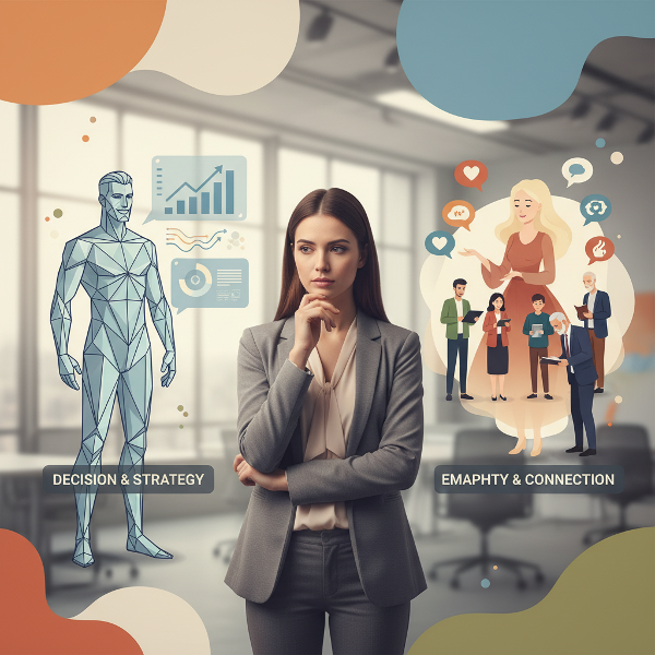 تصویری از یک مدیر زن جوان در دفتر کار که بین نمادهای رهبری قاطع و همدلی عمیق گیر کرده، نشان‌دهنده چالش تعادل بین این دو نقش در محیط کاری چندفرهنگی.