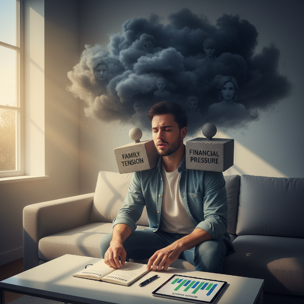 تصویری از یک مرد جوان که در اتاقی مدرن، در حال تمرین تکنیک تنفس برای مدیریت خشم و استرس ناشی از تنش خانوادگی و فشار مالی است. ابرهای تیره و وزنه‌های سنگین نماد فشارها هستند، در حالی که دفترچه ثبت احساسات و نمودار بودجه ساده در کنار او دیده می‌شوند. نور ملایم امید و راهکارهای عملی را نشان می‌دهد.