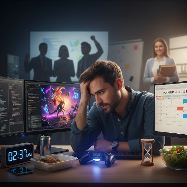 تصویری نمادین از یک جوان برنامه‌نویس درگیر بین فشار کاری و فرار به بازی‌های ویدیویی، با عناصری که چرخه معیوب استرس و اجتناب و سپس گذار به سوی مدیریت سالم‌تر را نشان می‌دهد.