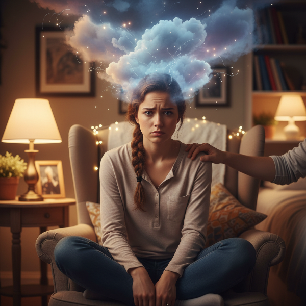 تصویری از یک زن جوان که در اتاقی دنج نشسته و با افکار نگران کننده‌اش درگیر است، در حالی که حضور حمایتگر شریکش حس اطمینان و ارتباط را منتقل می‌کند.